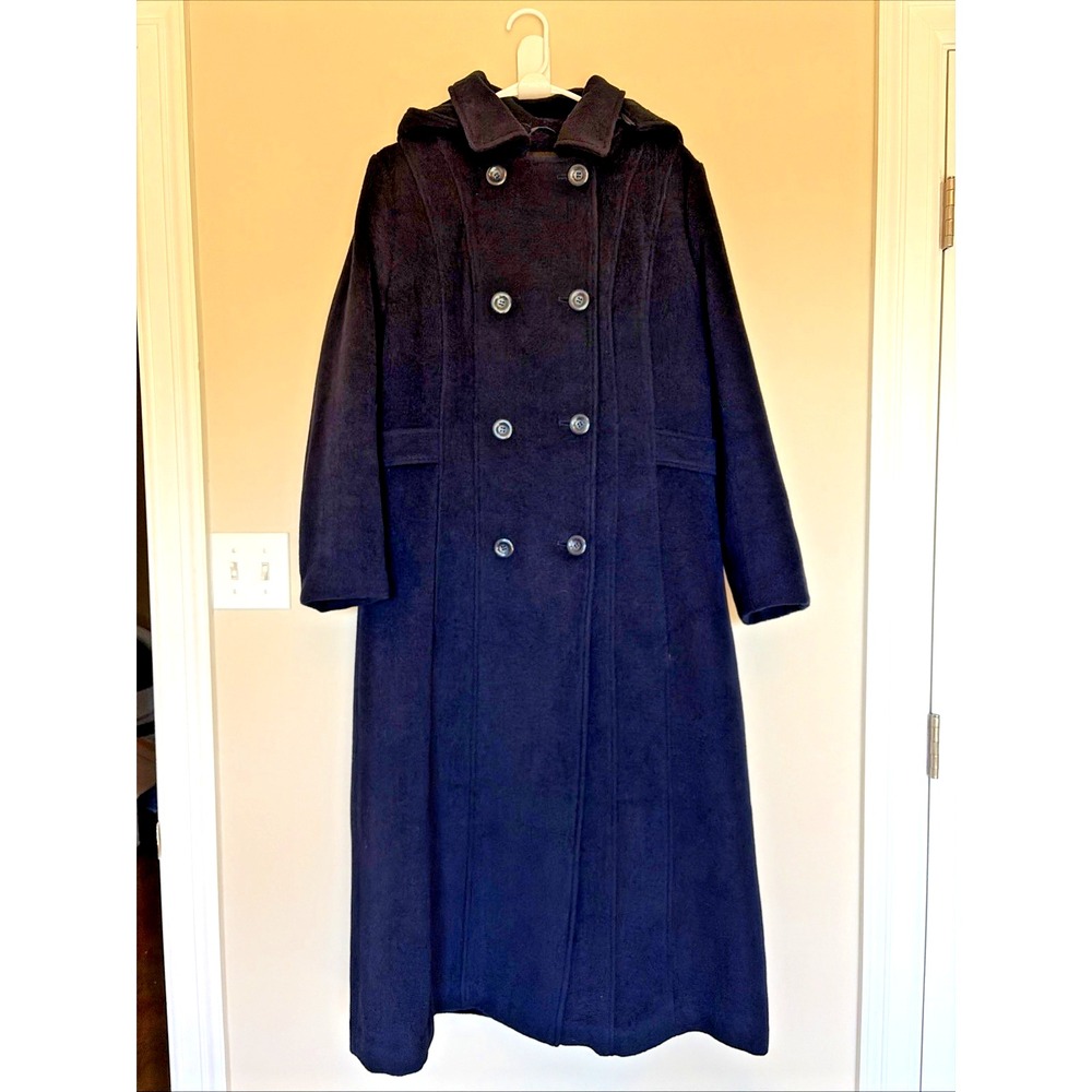 Kimi + Kai Navy Blue Double Breasted Wool Blend Removable Hood Overcoat Large‎